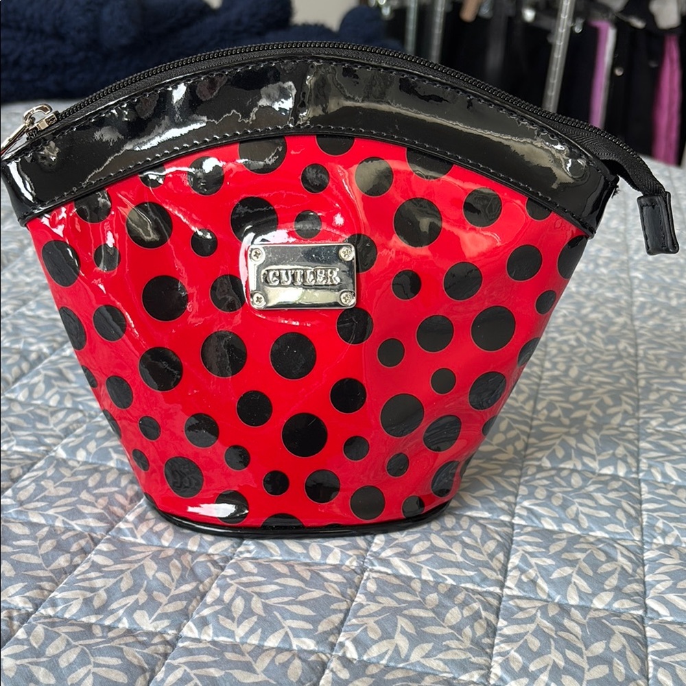 Cutler Red and Black Polka Dot Cosmetic Bag with Zipper